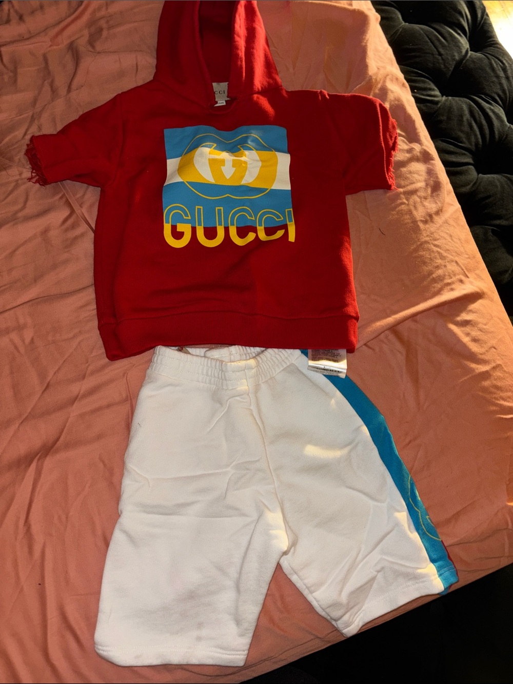 Gucci Red Short Sleeve Hoodie with White Shorts and Blue Stripe